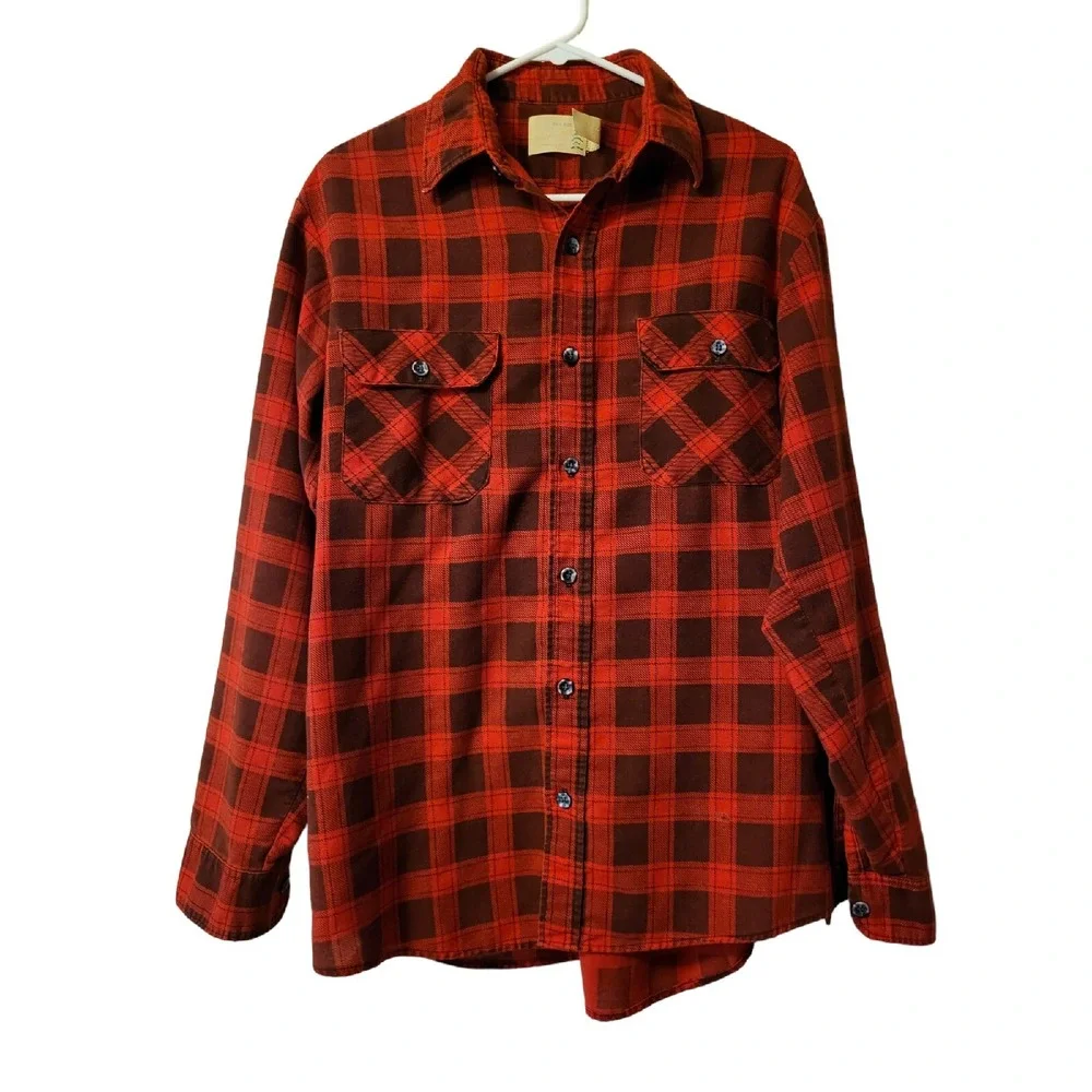 Vintage Sears FIELDMASTER Red Buffalo Plaid Flannel Button Shirt Mens Large Tall